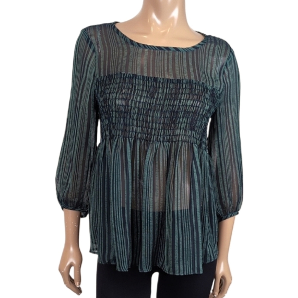 RW&Co Striped Sheer Blouse Smocked Draped Peasant Style Cropped Bubble Sleeve